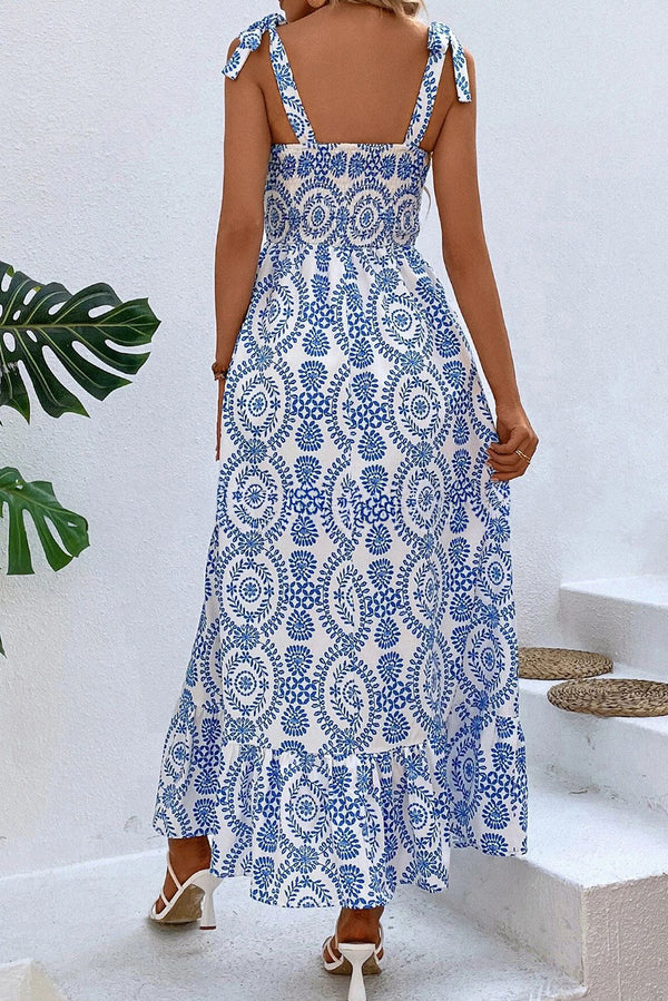 Blue Ethnic Print Side Split Sleeveless Maxi Dress