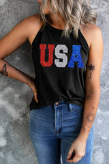 Black Sequin USA Letter Graphic Tank Top