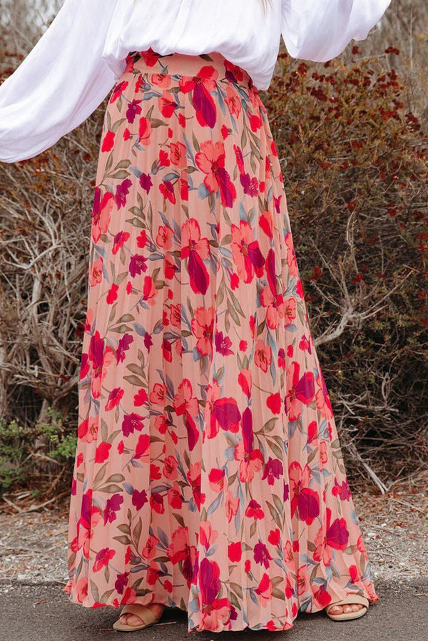 Pink Boho Floral Print High Waist Maxi Skirt