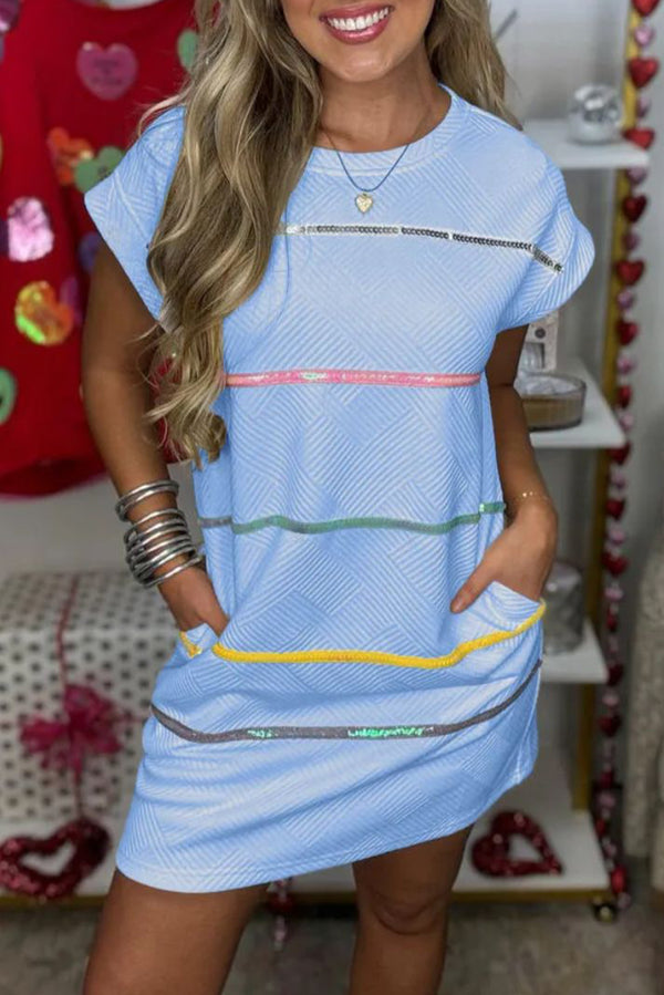 Sky Blue Sequins Stripe Pocket Textured Mini Dress
