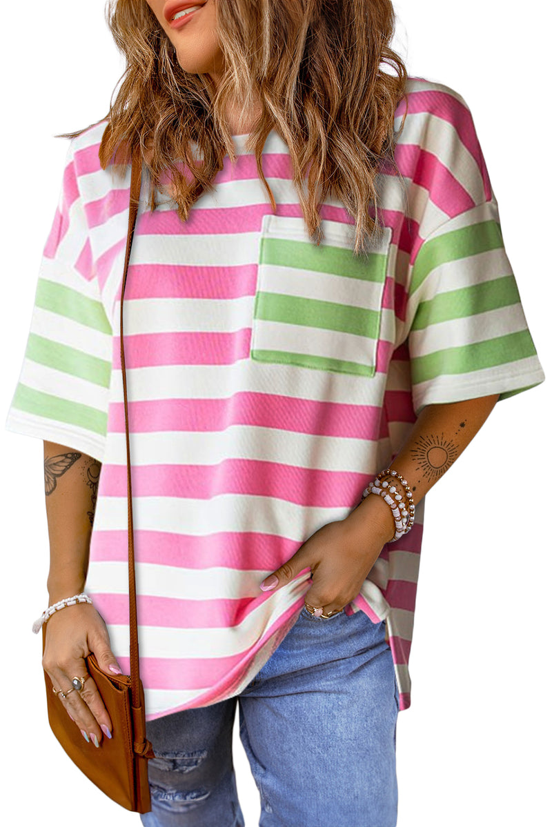 Pink Stripe Patch Pocket Drop Sleeve Slits T Shirt