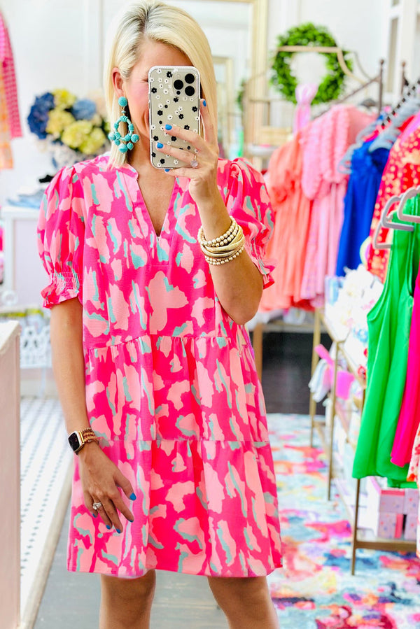 Pink Abstract Print V Neck Smocked Sleeve Mini Dress