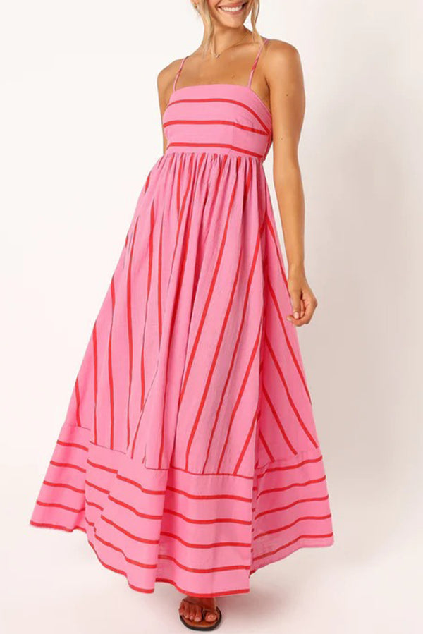 Pink Striped Spaghetti Strap Halter Backless Hem Maxi Dress