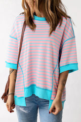Pink Stripe Colorblock Drop Sleeve Oversized T Shirt