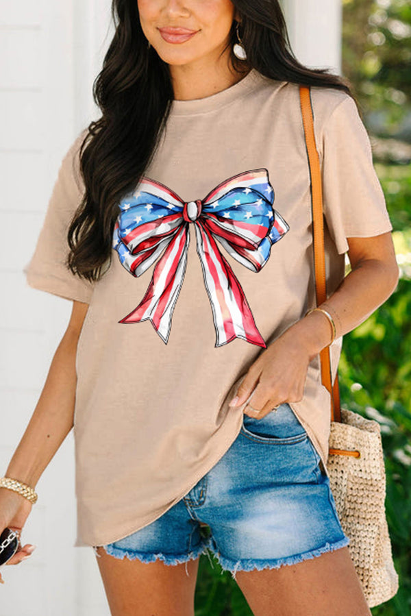 Khaki American Flag Bow Knot Graphic Round Neck T Shirt