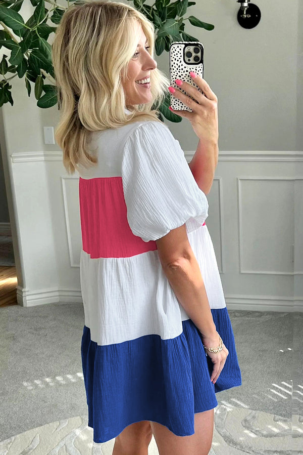 White Colorblock Patchwork Crinkled Mini Tiered Dress