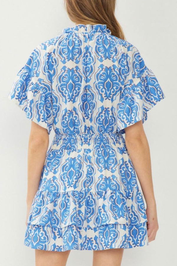 Ashleigh Blue Abstract Print Smocked Waist Tiered Mini Dress