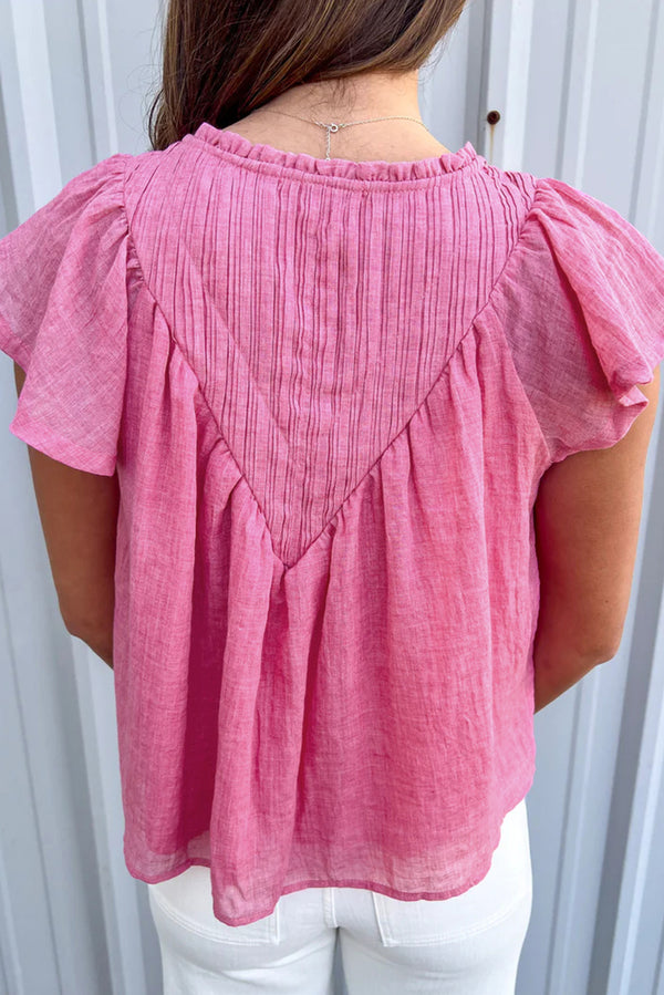 Bright Pink Frill V Neck Splicing Pleated Blouse