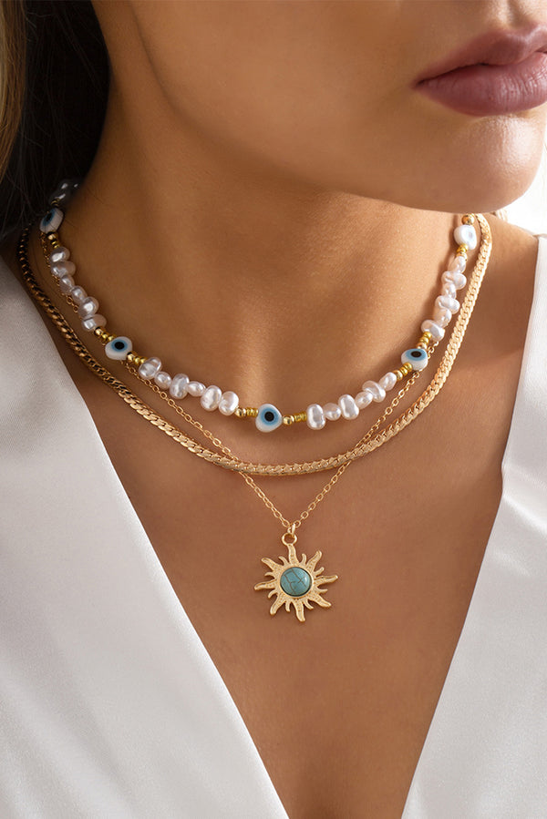 Gold Sun Turquoise Pearl Beaded Multi Layered Pendant Necklace