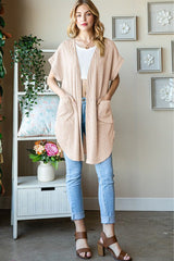 Parchment Ribbed Pocketed Short Sleeve Open Front Cardigan