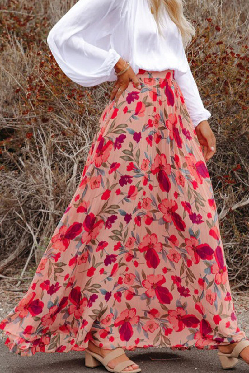 Pink Boho Floral Print High Waist Maxi Skirt