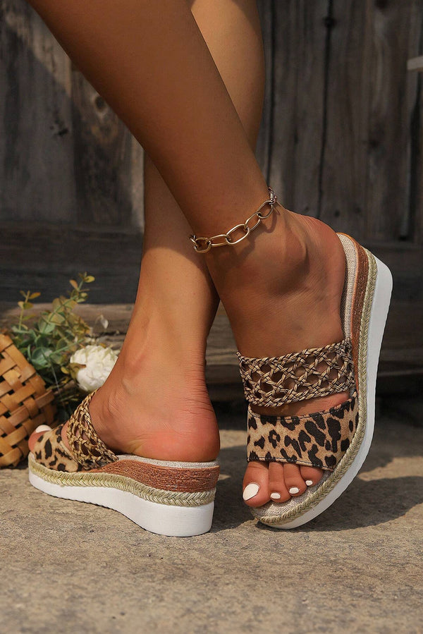 Chestnut Leopard Print Braided Band Wedge Slides Shoes