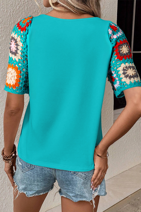 Turquoise Boho Hollowed Floral Crochet Sleeve T Shirt