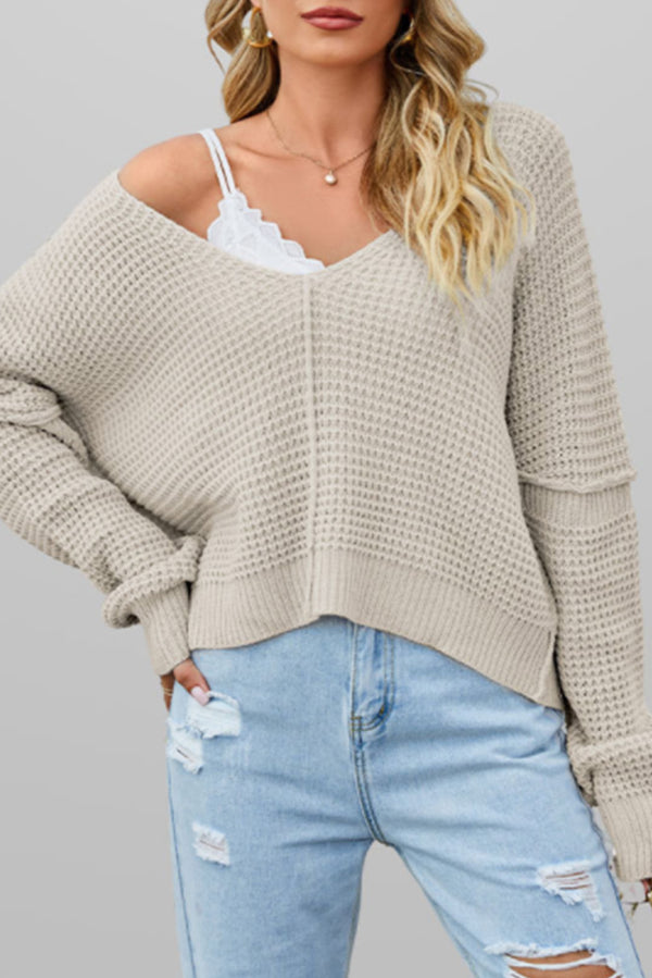 Apricot Solid Color Waffle Knit V Neck Sweater