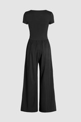 Black Pleated High Waist U Neck Short Sleeve Jumpsuit