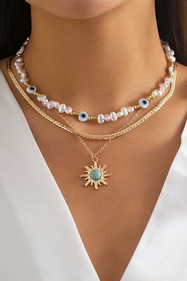 Gold Sun Turquoise Pearl Beaded Multi Layered Pendant Necklace