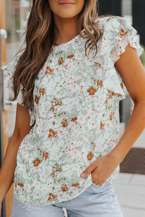 Pastel Green Floral Print Tiered Ruffle Short Sleeve Summer Top