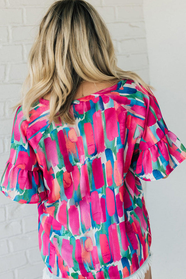 Rose Plus Abstract Ruffle Sleeve Button V Neck Blouse