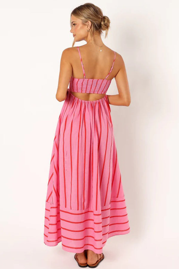 Pink Striped Spaghetti Strap Halter Backless Hem Maxi Dress