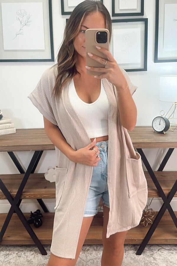 Parchment Ribbed Pocketed Short Sleeve Open Front Cardigan