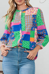 Multicolor Floral Patchwork Buttoned Puff Sleeve Shirt