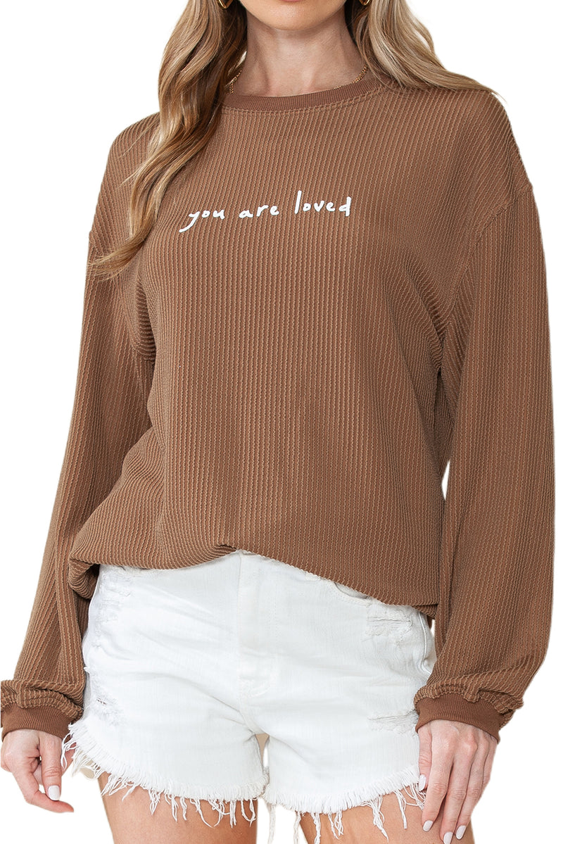 Khaki You Are Loved Print Corduroy Sweatshirt