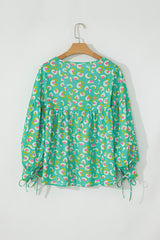 Green Abstract Print Lace-up Neck Lantern Sleeve Babydoll Blouse