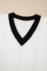 White Contrast Trim Eyelet Knit V Neck Vest