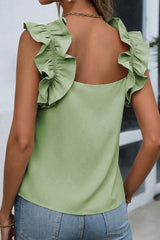 Smoke Green Plain Ruffle Trim Sleeveless Blouse