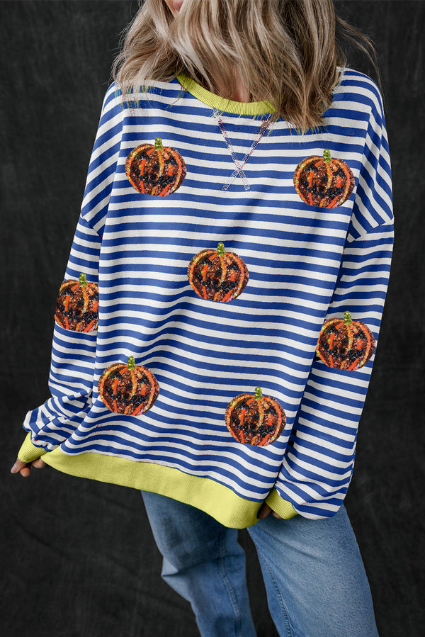 Blue Stripe Funny Halloween Pumpkin Face Oversize Graphic Sweatshirt