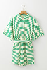 Green Stripe Textured Short Sleeve Collared Buttoned Waist Tie Romper