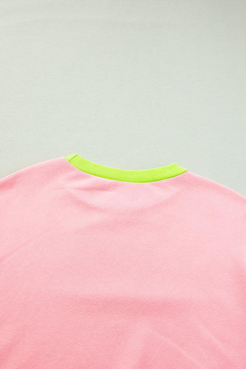 Pink Contrast Trim Bubble Sleeve Sweatshirt