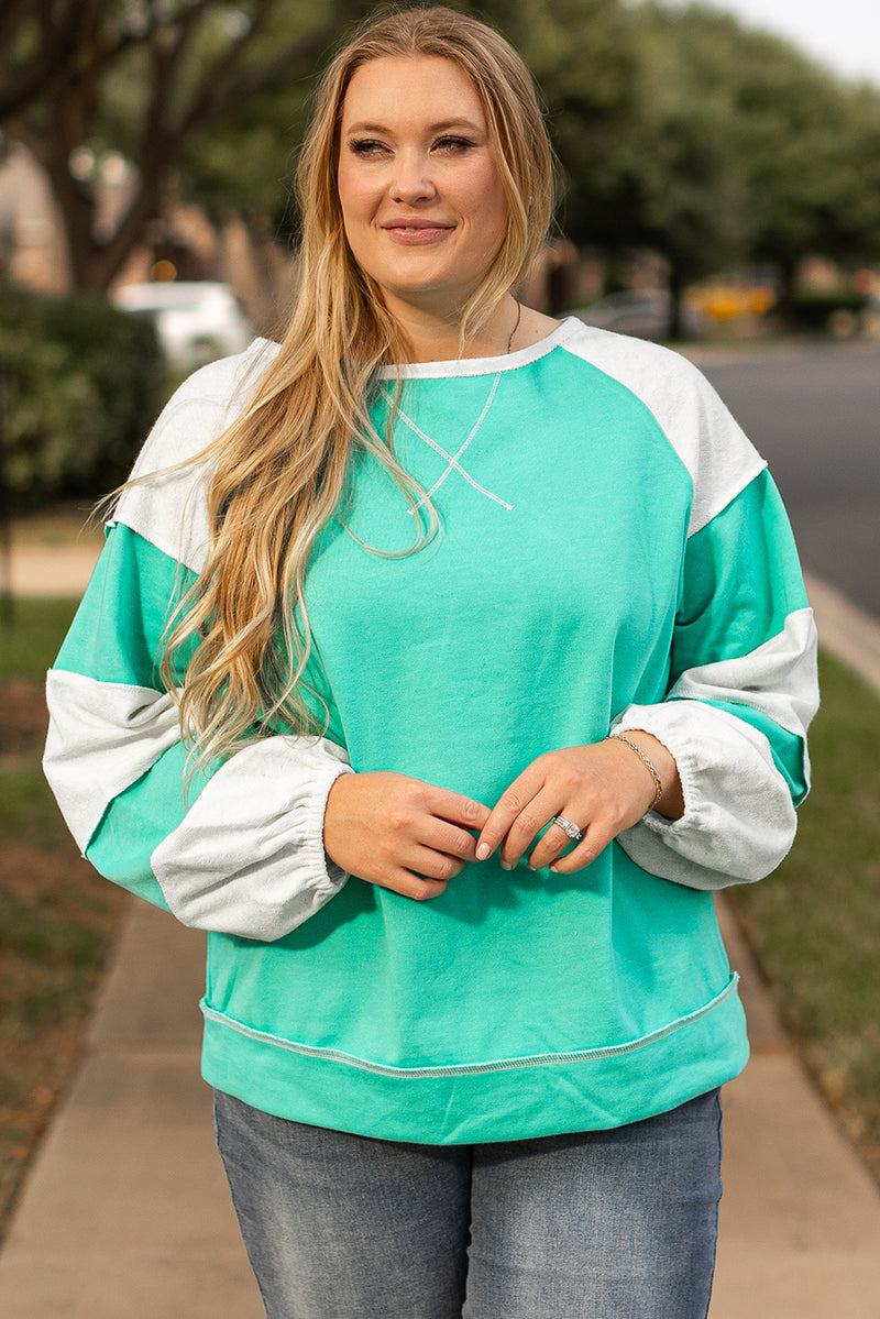 Aruba Blue Colorblock Patchwork Plus Sweatshirt