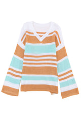 Multicolor Colorblock Stripe V Neck Split Sweater