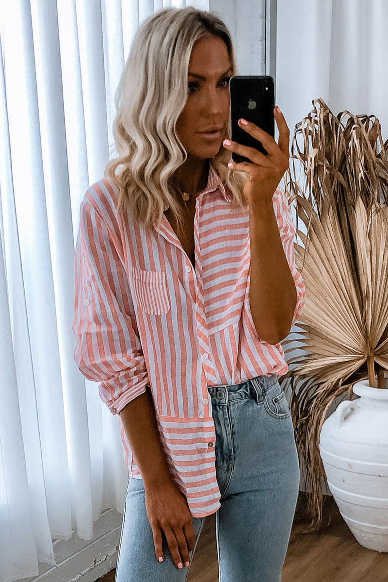 Pink Stripe Buttoned Oversized Long Sleeve Shirt