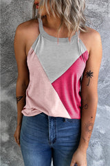 Rose Red Color Block Crewneck Tank Top