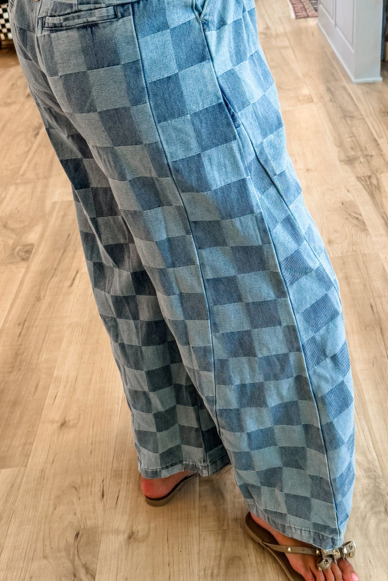 Dusk Blue Checkered Light Washed Wide Leg Jeans