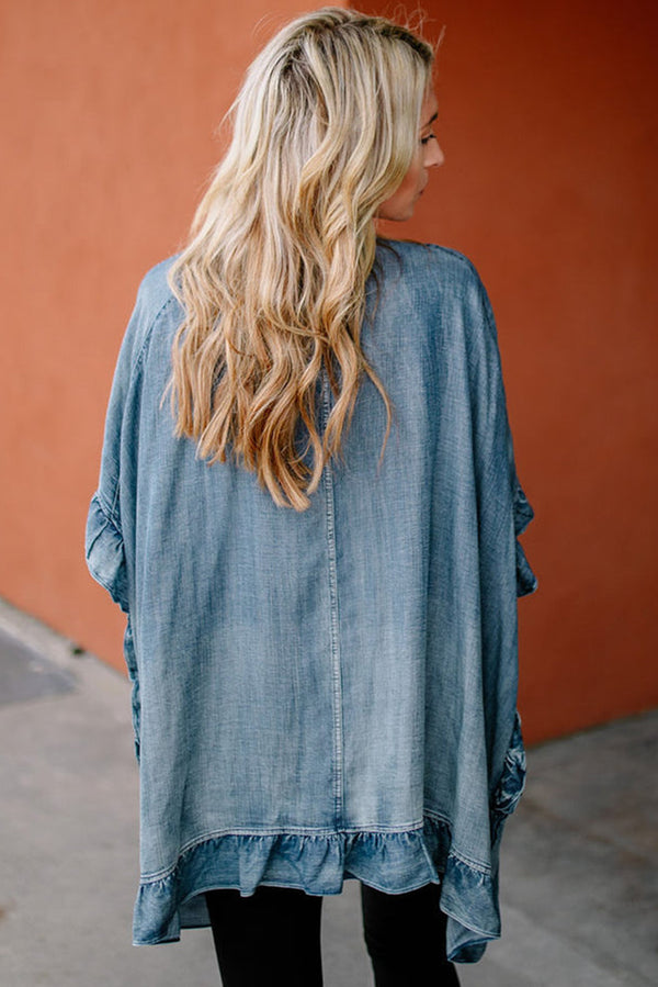 Dusk Blue Half Sleeve Ruffle Edge Chambray Open Kimono