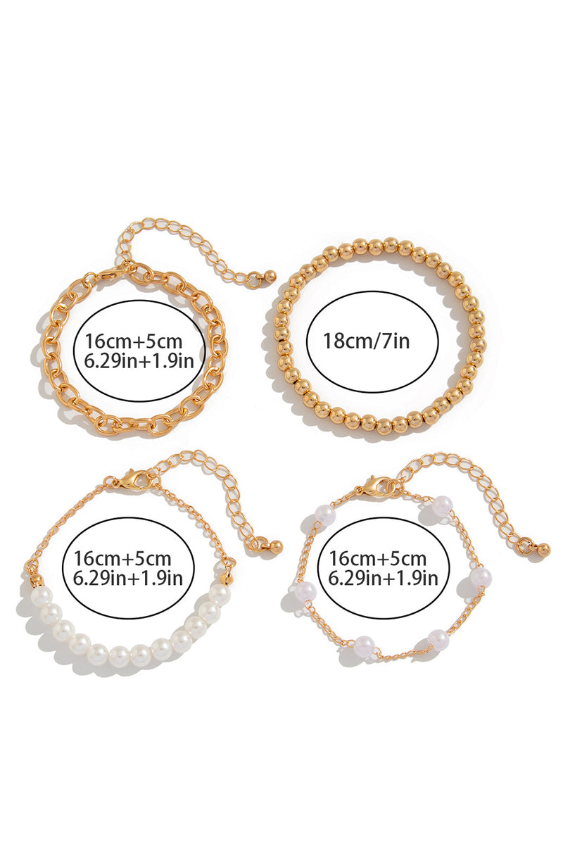 Gold Plated Chain Pearl Beaded 4Pcs Minimalist Bracelet Set