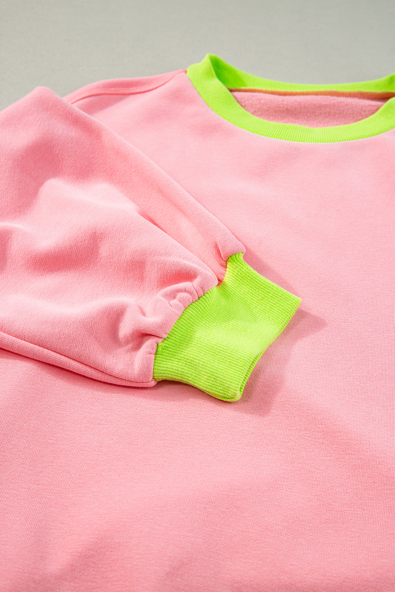 Pink Contrast Trim Bubble Sleeve Sweatshirt