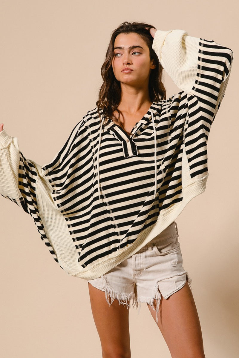 Black White Striped Waffle Patchwork Baggy Hooded Top