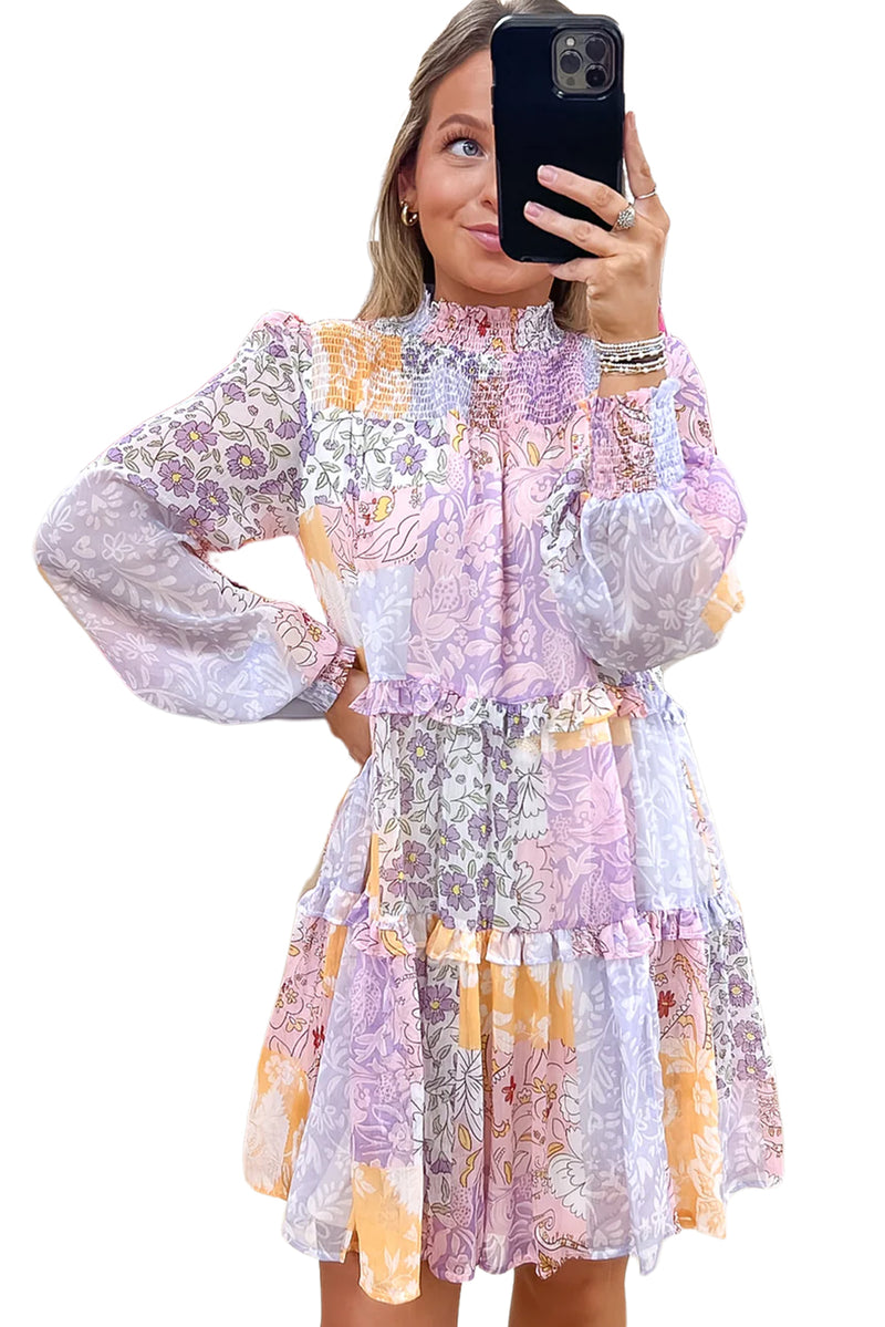 Multicolour Boho Floral Smocked Frill Mini Dress