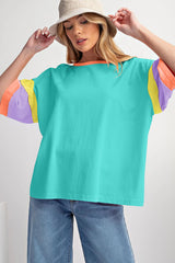 Light Blue Color Block Sleeve Round Neck Oversize Top