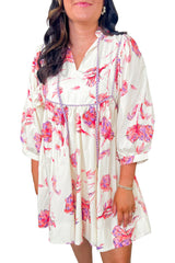 White Floral Print Balloon Sleeve Tie Neck Plus Size Mini Dress