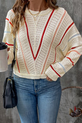 Apricot Striped Crew Neck Pullover Knit Sweater