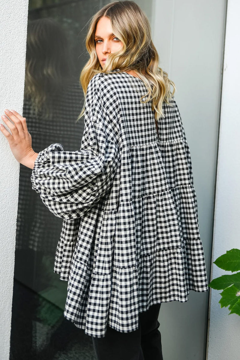 Black Plaid Drop Sleeve Tiered Oversized Blouse