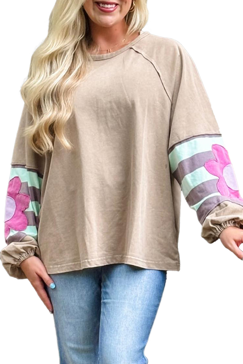 Light French Beige Flower Striped Patchwork Sleeve Plus Size Sweatshirt