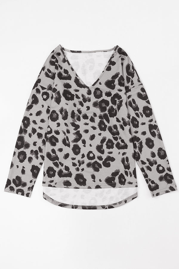 Brown Leopard Split V Neck Long Sleeve Shirt