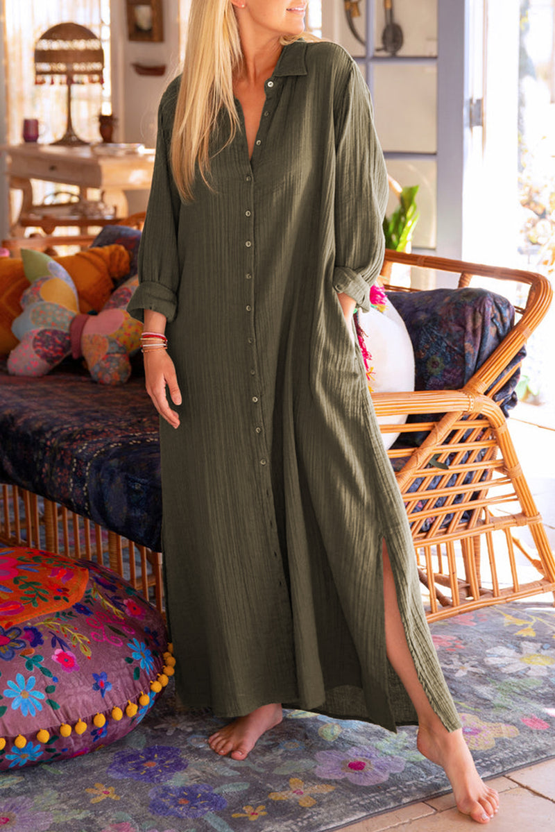 Green Crinkled Pocketed Side Slits Loose Maxi Dress