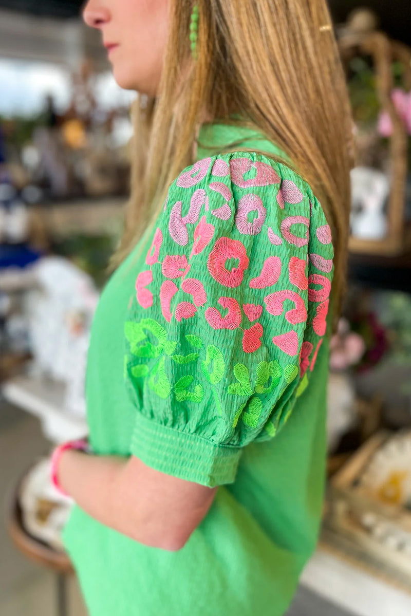 Green Leopard Embroidered Sleeve Textured Blouse